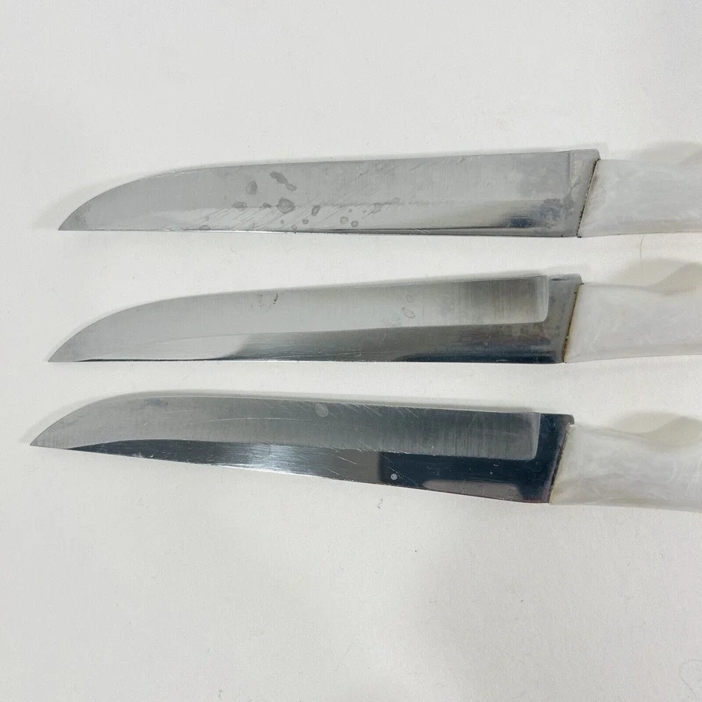 3 Robinson Hollow Ground Knife Set‎ White Pearl Handle Stainless Steel Vtg MCM